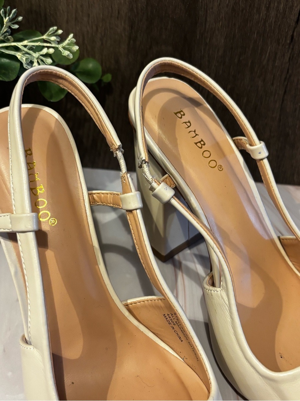 BAMBOO Cream Pointed Slingback Block Heels - Picture 2 of 7